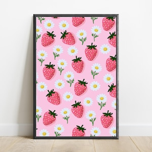 Strawberry Daisy Floral Pattern Print | Pink Food Art | Minimalist Botanical Wall Decor | Digital Download A3 A2 A1 image 1