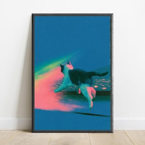 May include: A framed wall art print featuring a black and white cat leaping across a dark blue background. A vibrant, glowing neon pink and green light trail streaks behind the cat, creating a high-contrast effect against the deep blue space.