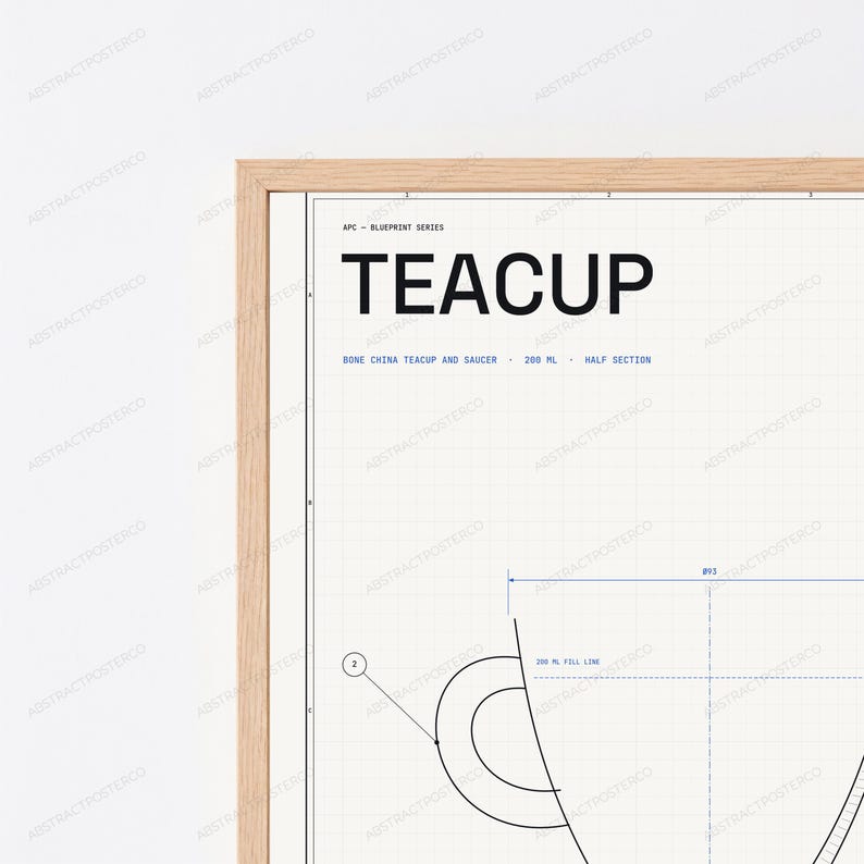 Technischer Entwurf einer Teetasse | Vintage-Konstruktionsdesign | Minimalistische Küchenwandkunst Bild 2