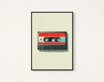Retro Cassette Tape Print | Vintage Music Wall Art | Minimalist 80s Nostalgia Decor | Digital Download A3 A2 A1