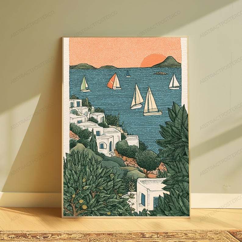 Seaside Villa Sailboats Sunset | Mediterranean Coastal Wall Art | Minimalist Landscape Print | Digital Download A3 A2 A1 image 5