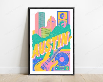 Skyline d'Austin en néon rétro pop art | Décoration murale guitare vibrante | Décoration musicale moderne | Téléchargement numérique A3 A2 A1