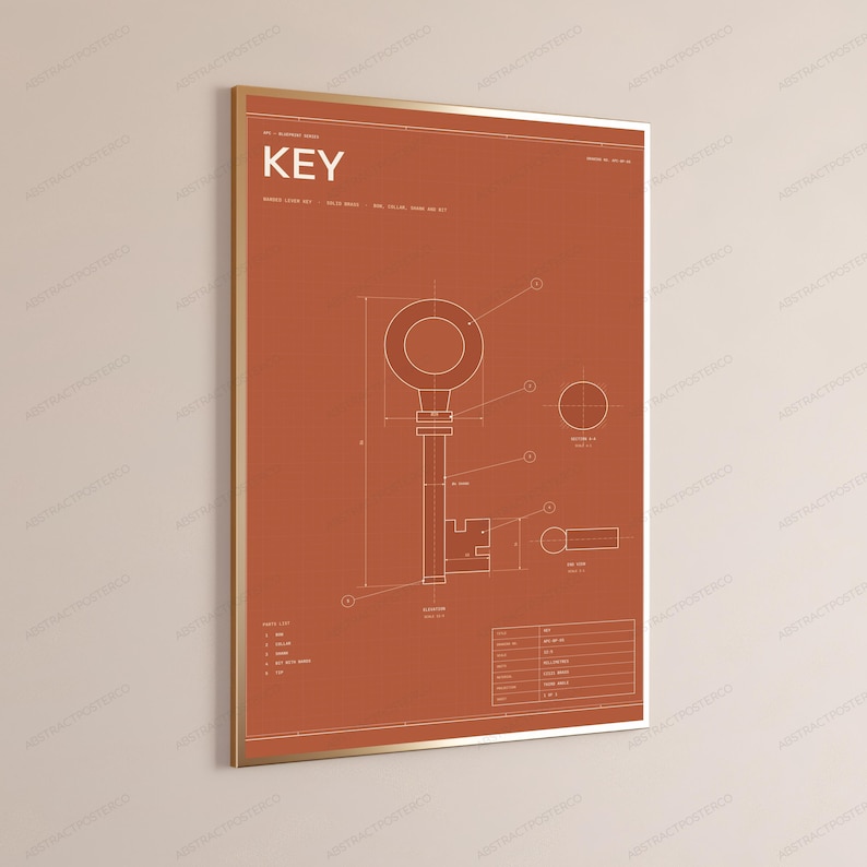 Vintage Key Technical Blueprint Print | Minimalist Steampunk Wall Art | Retro Industrial Decor image 3