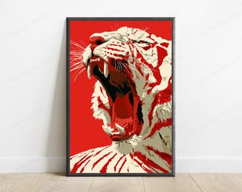 Roaring White Tiger Red Background Pop Art Print | Bold Animal Portrait Wall Art | Modern Home Decor