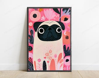 Cute Pug Pop Art Print | Pink Floral Minimalist | Funny Dog Wall Art | Pet Lover Decor | Digital Download A3 A2 A1