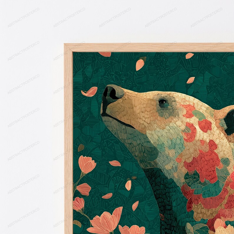 May include: A framed wall art print featuring a side profile of a bear with a textured, multi-colored coat of tan, red, and green patterns. The bear is set against a dark green background filled with scattered, light-colored flower petals.