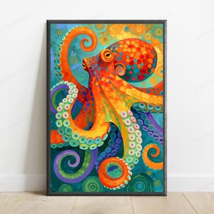 May include: A framed wall art print featuring a vibrant, colourful octopus with orange, red, and yellow skin patterns. The octopus has multiple tentacles with visible suckers, set against a deep teal and purple background with circular motifs.