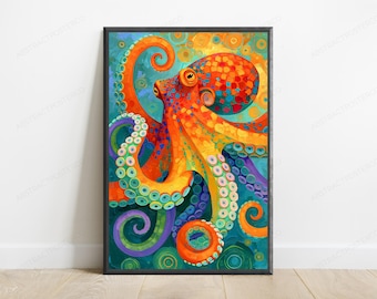 Vibrant Orange Octopus Pop Art Print | Colorful Sea Creature Wall Art | Modern Home Decor | Digital Download A3 A2 A1