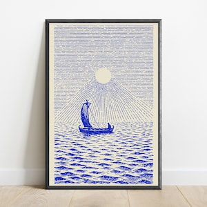 May include: A framed art print featuring a blue ink illustration on a cream background. The image depicts a small sailboat with a single figure on a textured sea under a large sun with radiating lines and a sky filled with horizontal lines.