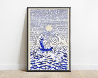 Sailing Boat Mountain Sunrise Line Art Print | Blue Minimalist Wall Art | Nautical Home Decor | Digital Download A3 A2 A1