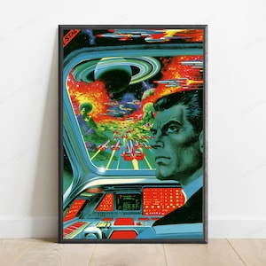May include: A framed science fiction poster featuring a view from a spaceship cockpit. A person with dark hair looks out at a vibrant space battle with red ships, a ringed planet, and explosions. The cockpit console has glowing red buttons and displays.