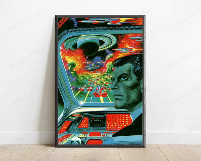May include: A framed science fiction poster featuring a view from a spaceship cockpit. A person with dark hair looks out at a vibrant space battle with red ships, a ringed planet, and explosions. The cockpit console has glowing red buttons and displays.