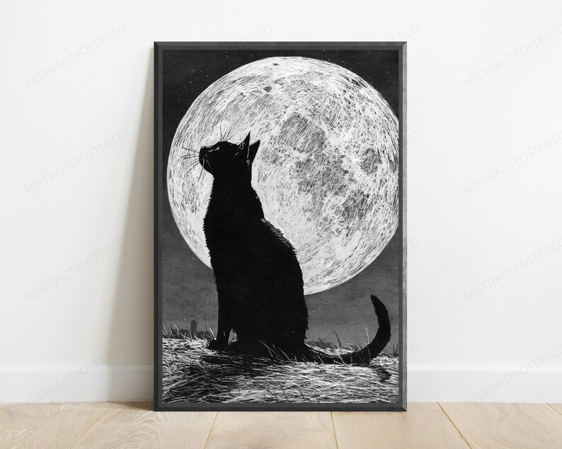May include: A black and white art print featuring a silhouette of a cat sitting in profile, looking up at a large, textured full moon. The cat is positioned on a grassy surface against a dark night sky, rendered in a detailed, sketch-like style.
