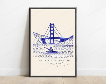 Konsttryck med fiskare på Golden Gate-bron | Blå minimalistisk arkitektur | Väggdekoration med kustmotiv | Digital nedladdning A3 A2 A1