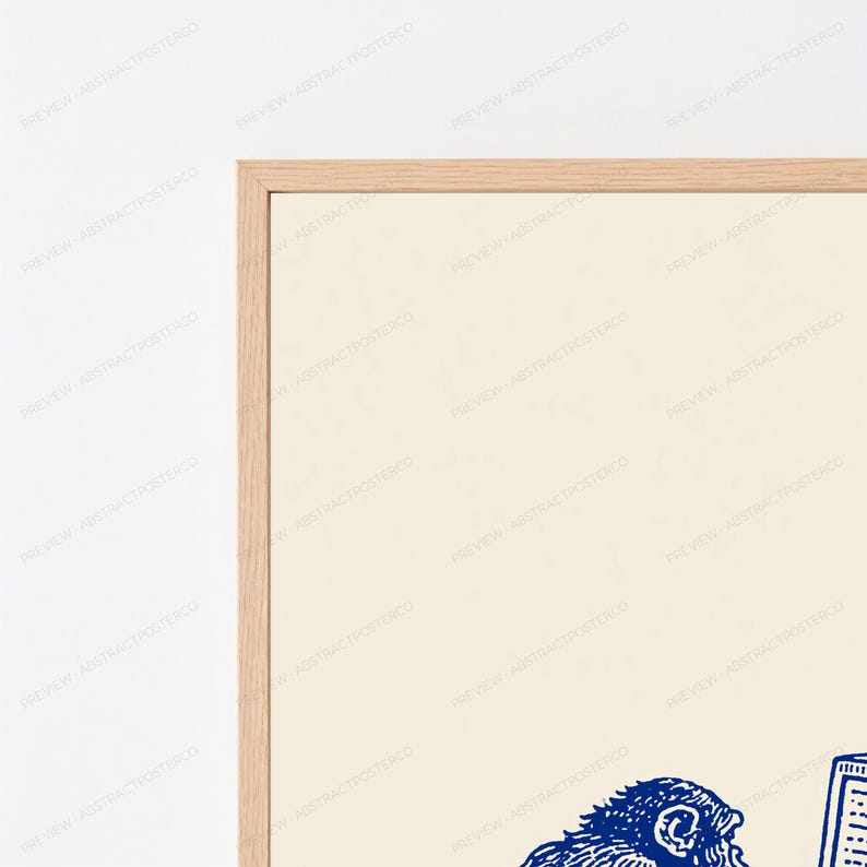 Monkey at Computer Retro Engraving | Blue Vintage Tech Art Print | Minimalist Wall Decor | Digital Download A3 A2 A1 image 2