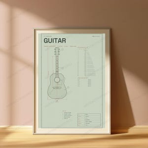 Plano técnico de guitarra acústica Dreadnought / Arte mural de instrumentos musicales / Decoración para el hogar de músicos imagen 5
