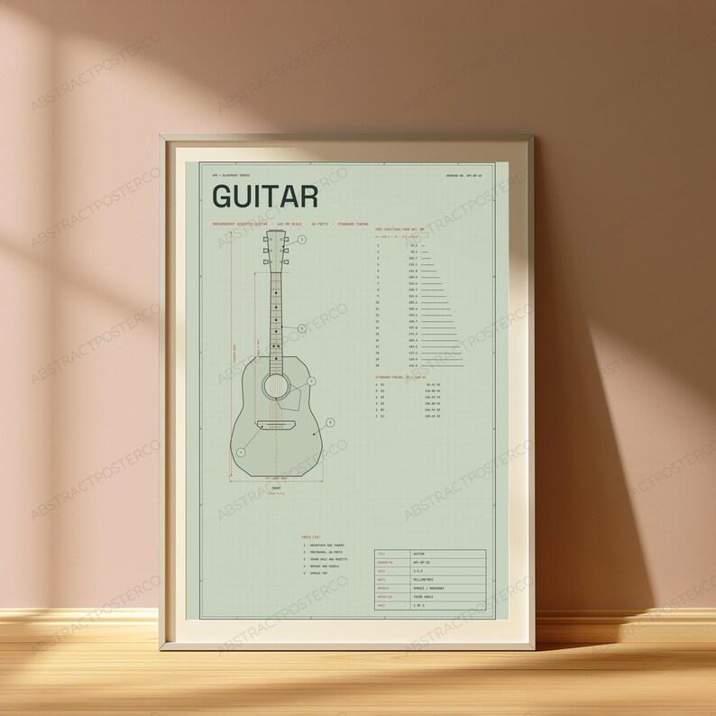 Plano técnico de guitarra acústica Dreadnought / Arte mural de instrumentos musicales / Decoración para el hogar de músicos imagen 5