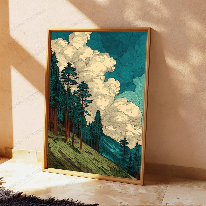 May include: A rectangular framed wall art print featuring a stylized landscape illustration of a steep, grassy hillside covered in tall, slender evergreen trees under a dramatic sky filled with large, voluminous, cream-colored clouds.
