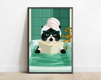 Lámina decorativa de gato negro con gafas de sol para bañera / Divertido dibujo de gato para pared / Decoración minimalista para el hogar / Descarga digital A3 A2 A1