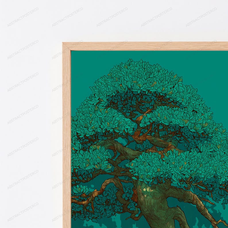 Może przedstawiać: Oprawiony wydruk ścienny przedstawiający szczeg&oacute;łową ilustrację drzewka bonsai z gęstym, żywym turkusowym listowiem i teksturowanym, ciemnobrązowym pniem, na jednolitym turkusowym tle w jasnej drewnianej ramie.
