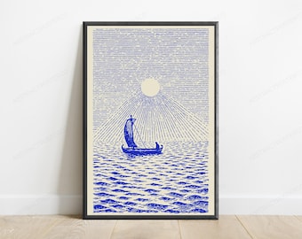 Segelboot Berge Sonnenaufgang Linie Kunst Druck | Blaue minimalistische Wandkunst | Maritime Wohnkultur | Digitaler Download A3-A2-A1