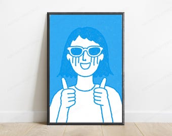 Cool Girl Sunglasses Pop Art Print | Thumbs Up Minimalist Portrait | Modern Wall Art Decor | Digital Download A3 A2 A1