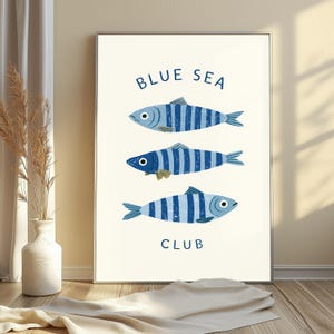Impressão artística de peixe listrado do Blue Sea Club | Arte de parede náutica minimalista | Decoração oceânica | Download digital A3 A2 A1 imagem 4