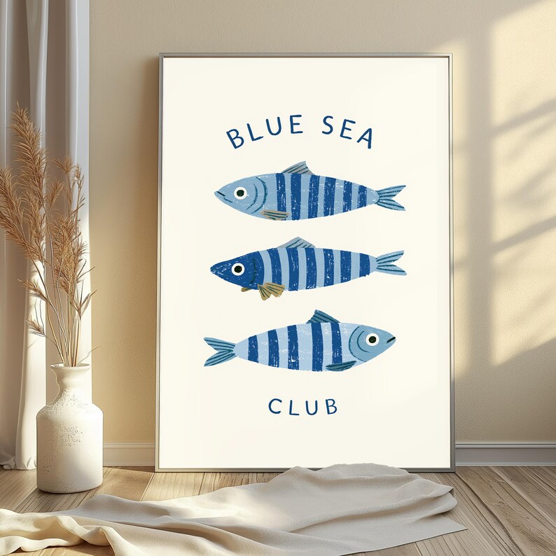 Impressão artística de peixe listrado do Blue Sea Club | Arte de parede náutica minimalista | Decoração oceânica | Download digital A3 A2 A1 imagem 4