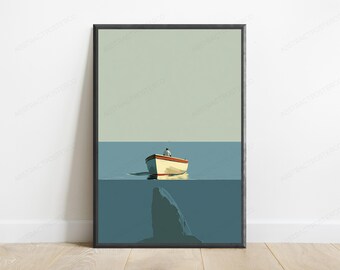 Lone Fisherman with Shark Below Minimalist Print | Ocean Danger Wall Art | Coastal Home Decor | Digital Download A3 A2 A1