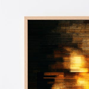 May include: A framed abstract wall art piece featuring a high-contrast composition of deep black and vibrant golden-yellow horizontal lines. The artwork displays a digital glitch effect with varying light intensities, encased in a light-toned wooden frame.