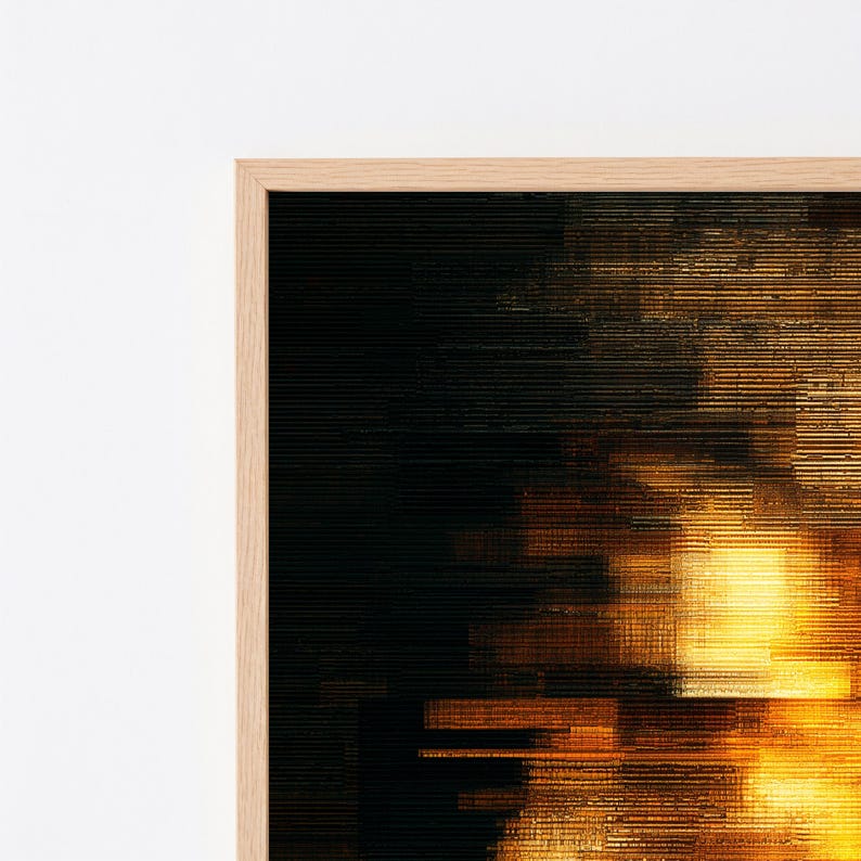 May include: A framed abstract wall art piece featuring a high-contrast composition of deep black and vibrant golden-yellow horizontal lines. The artwork displays a digital glitch effect with varying light intensities, encased in a light-toned wooden frame.