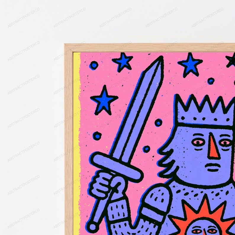 May include: A framed wall art print featuring a purple king figure wearing a crown and holding a sword against a pink background with blue stars. The illustration uses bold black outlines and a textured, graphic style with a light wood frame.