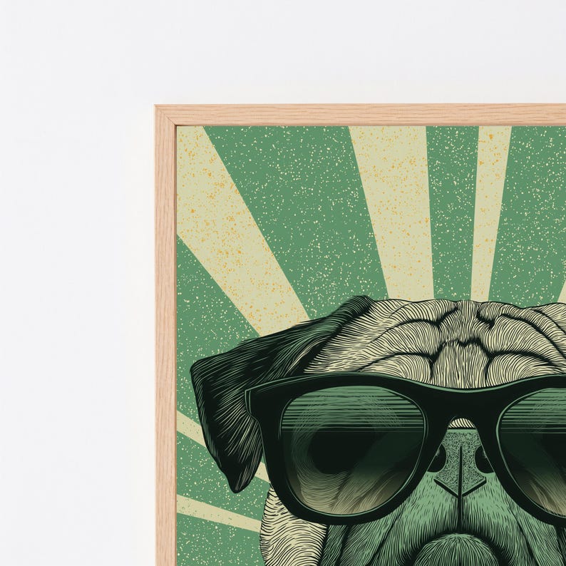 May include: A framed wall art print featuring a detailed illustration of a pug wearing black sunglasses. The background consists of a green and cream sunburst pattern with a distressed, textured effect. The frame is made of light-colored wood.