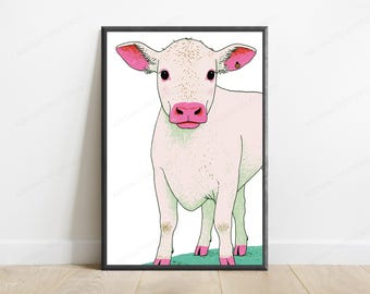 Pink Cow Pop Art Print | Quirky Animal Wall Art | Colorful Minimalist Decor | Digital Download A3 A2 A1