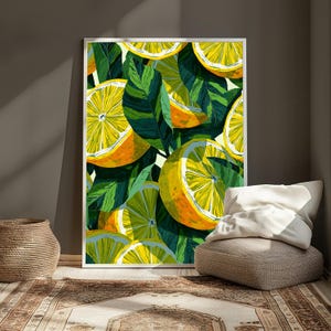 May include: A vertical rectangular wall art print featuring a vibrant, repeating pattern of sliced yellow lemons and deep green leaves. The illustration displays multiple citrus segments in bright yellow and orange tones, contrasted against dark, textured foliage.