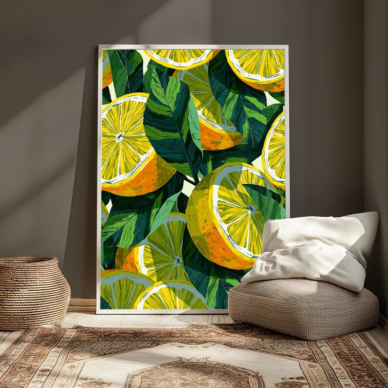 May include: A vertical rectangular wall art print featuring a vibrant, repeating pattern of sliced yellow lemons and deep green leaves. The illustration displays multiple citrus segments in bright yellow and orange tones, contrasted against dark, textured foliage.