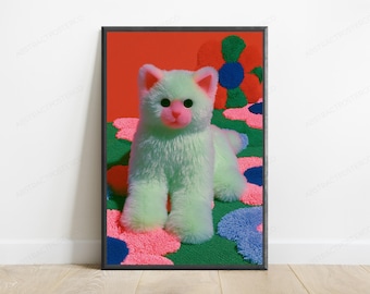 Fluffy White Cat Pop Art Print | Colorful Cactus Flowers | Cute Minimalist Wall Art | Digital Download A3 A2 A1