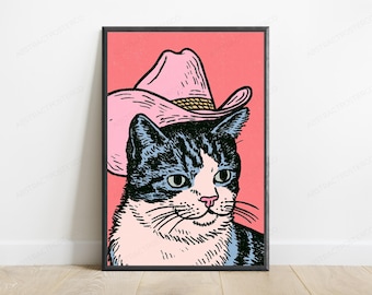 Lámina de arte pop de gato vaquero / Sombrero vaquero rosa / Arte mural de animales original / Regalo divertido / Descarga digital A3 A2 A1