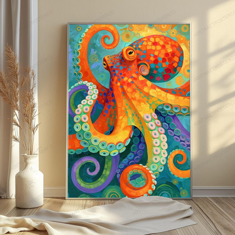 May include: A rectangular wall art print featuring a vibrant, colourful octopus with orange, red, and yellow patterned skin. The octopus has long, curling tentacles with light green suckers, set against a deep blue and teal background.