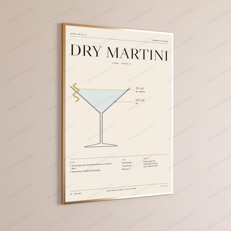 Dry Martini Cocktail Recipe Print in Cream | Bar Illustration | Minimalist Kitchen Wall Art image 3