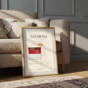 Negroni Cocktail Recipe Print in Cream shown in a living room