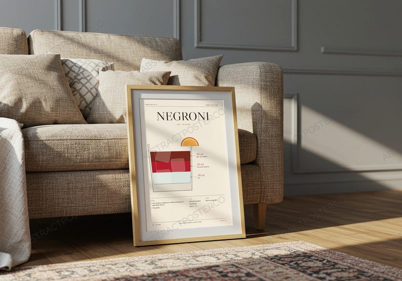 Negroni Cocktail Recipe Print in Cream shown in a living room