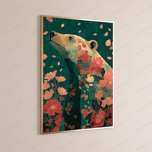 May include: A rectangular wall art print in a thin gold frame featuring a bear with cream and tan fur, overlaid with a pattern of red and pink flowers. The background is a deep teal green with scattered red and pink flower petals throughout.