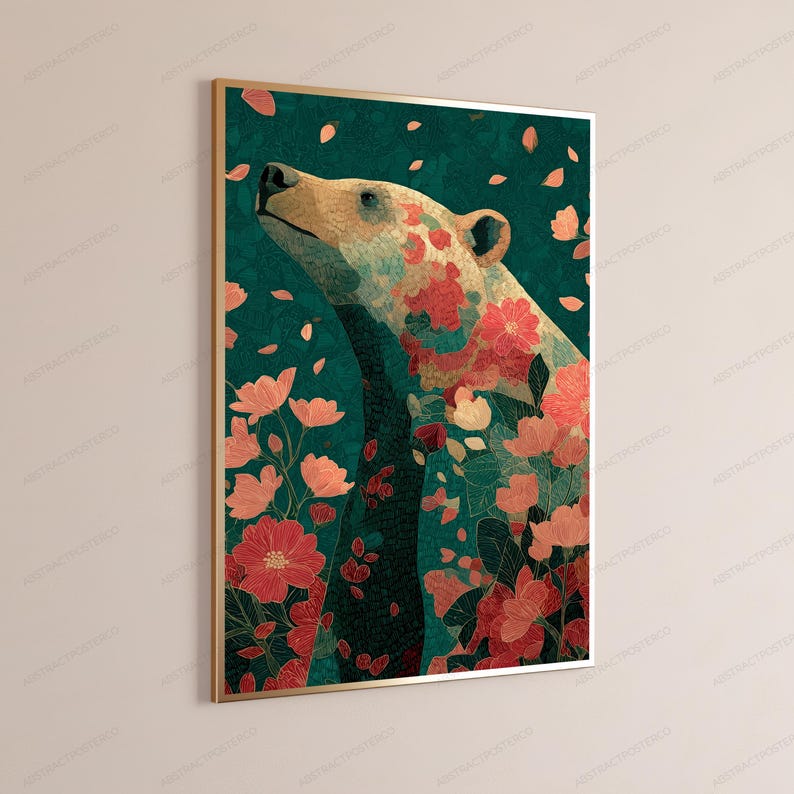 May include: A rectangular wall art print in a thin gold frame featuring a bear with cream and tan fur, overlaid with a pattern of red and pink flowers. The background is a deep teal green with scattered red and pink flower petals throughout.