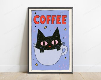 Black Cat Coffee Mug Pop Art Print | Whimsical Cat Lover Wall Art | Minimalist Home Decor | Digital Download A3 A2 A1
