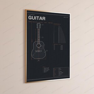 Projekt techniczny gitary akustycznej typu dreadnought | Grafika ścienna z instrumentem muzycznym | Wydruk z motywem przemysłowym zdjęcie 3