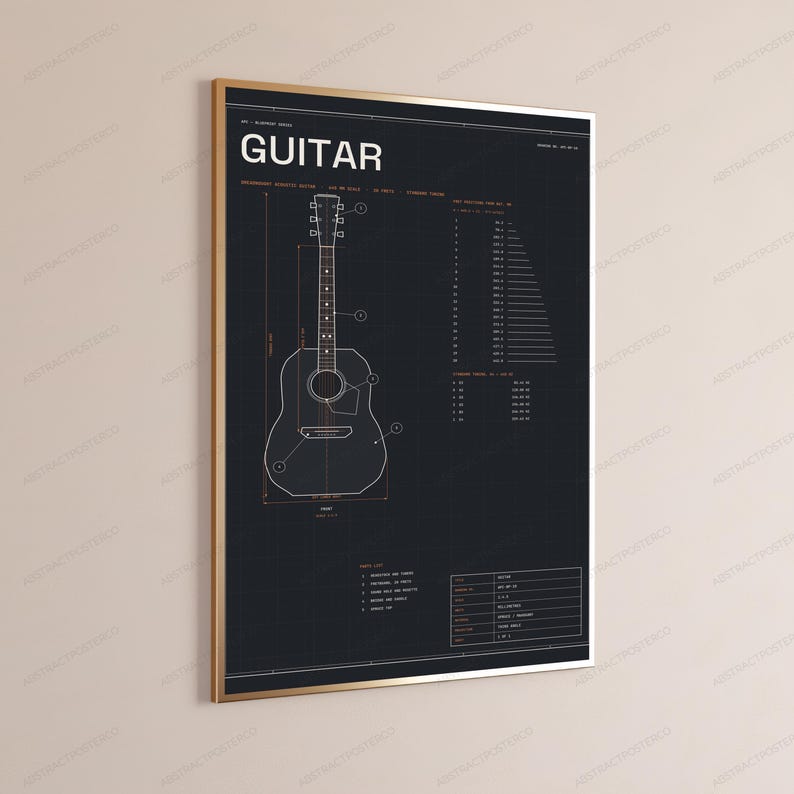 Projekt techniczny gitary akustycznej typu dreadnought | Grafika ścienna z instrumentem muzycznym | Wydruk z motywem przemysłowym zdjęcie 3