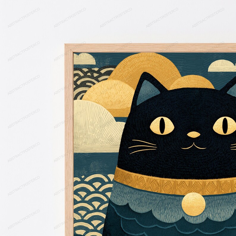 May include: A framed wall art print featuring a black cat with large yellow eyes and a gold collar with a circular pendant. The background displays a dark blue sea with stylized wave patterns and golden rounded hills under a dark blue sky.