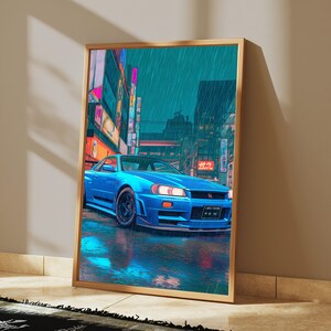 Stampa di un'auto sportiva blu neon in una città piovosa / Street art cyberpunk / Decorazione murale moderna / Download digitale A3 A2 A1 immagine 5