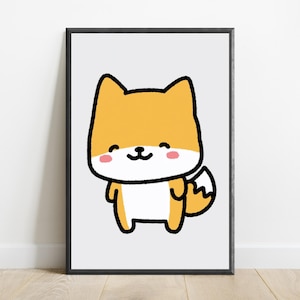 May include: A framed wall art print featuring a cartoon illustration of a small orange and white fox with a thick black outline. The fox has a smiling expression, pink cheeks, and a bushy tail, set against a plain light gray background.